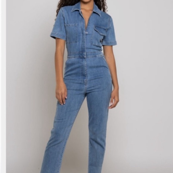 Rivet Utility Light wash Denim Jumpsuit - Picture 2 of 8